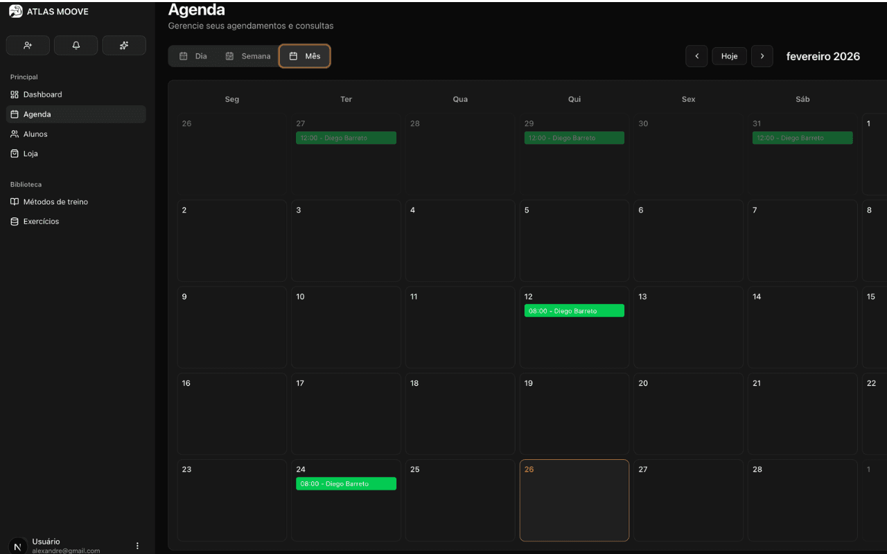 Painel Titan Training: calendário de treinos, gráfico de evolução e notificações automáticas